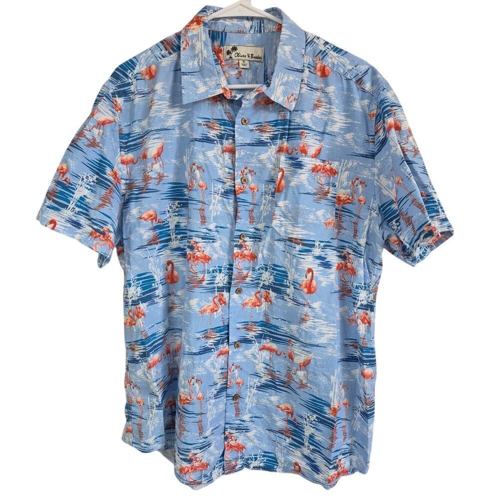 Oliver & Burke Cotton/Rayon Button Up Shirt Blue Pink Flamingo Pattern Men XL